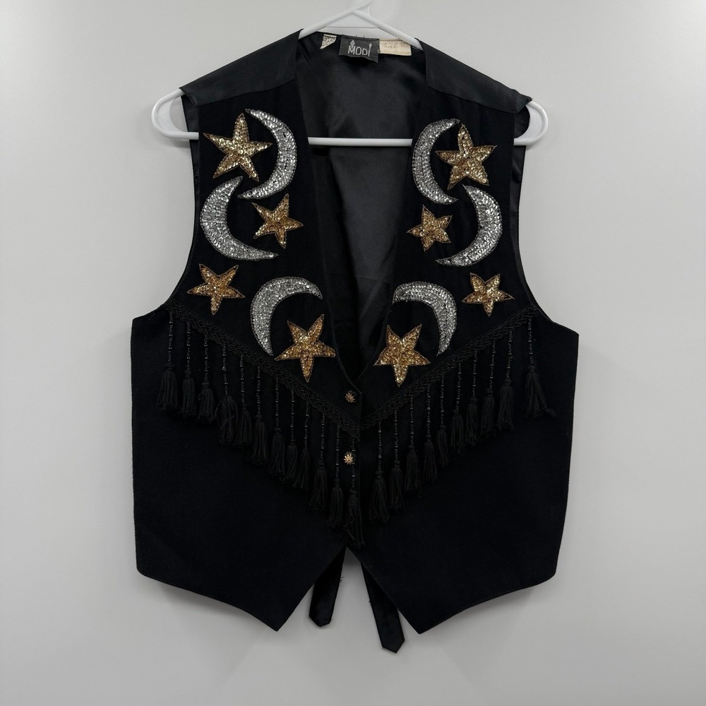 90s Modi Sequin Celestial Vest - Silver Moons Gold Stars - Western Whimsigoth
